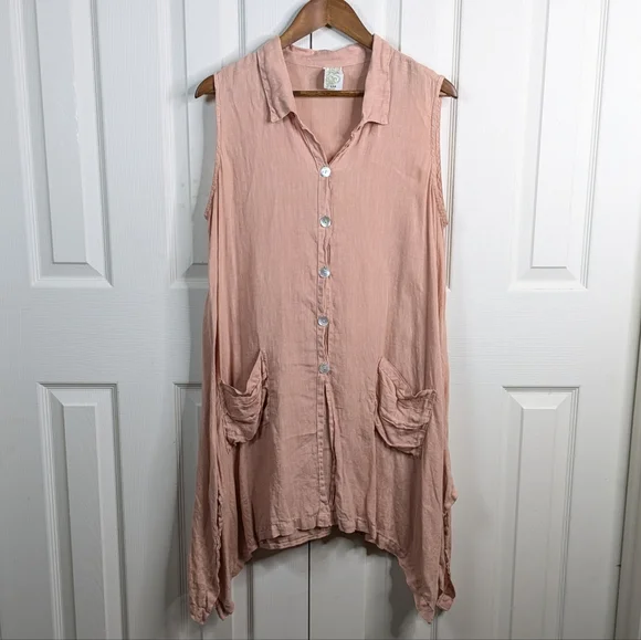 Match Point USA Linen Tunic Top Large Peach Asymmetrical Button Lagenlook - Picture 2 of 11